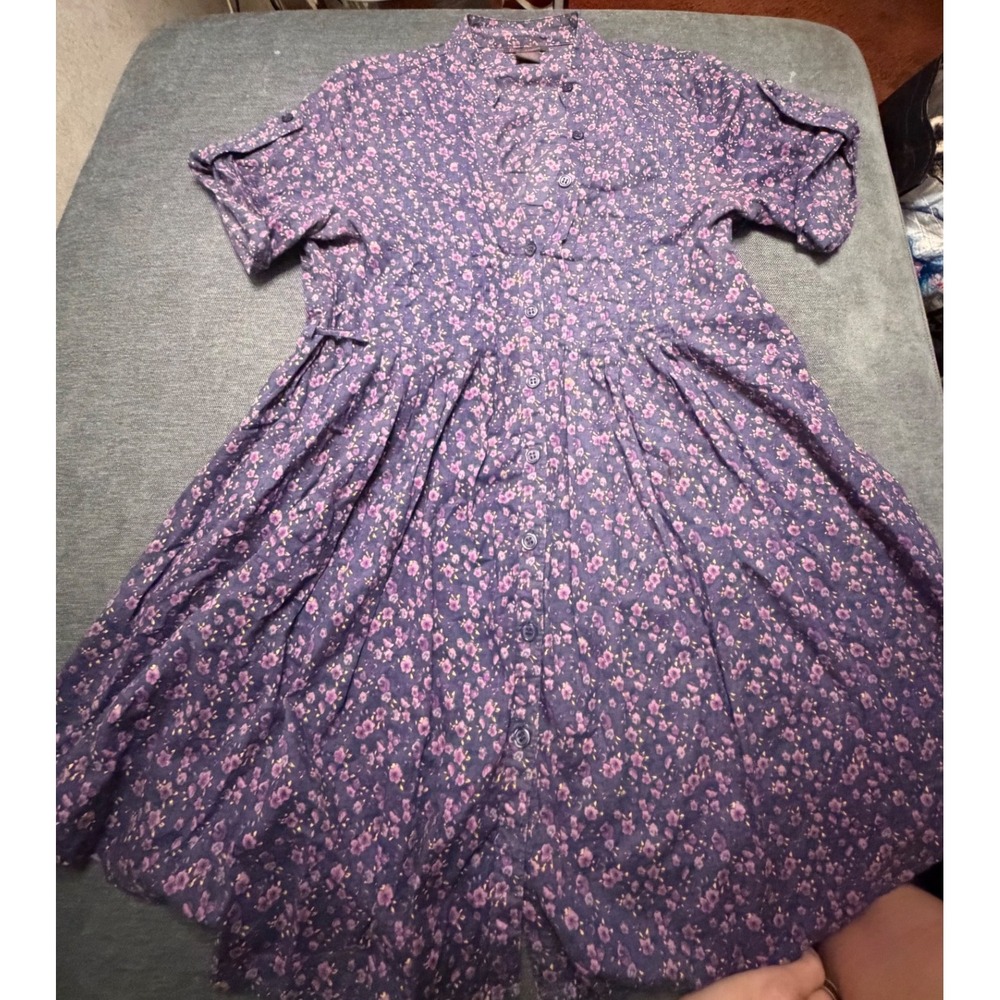 Fire Los Angeles Purple Floral Button Front Cotton Shirt Dress Short Sleeve M
